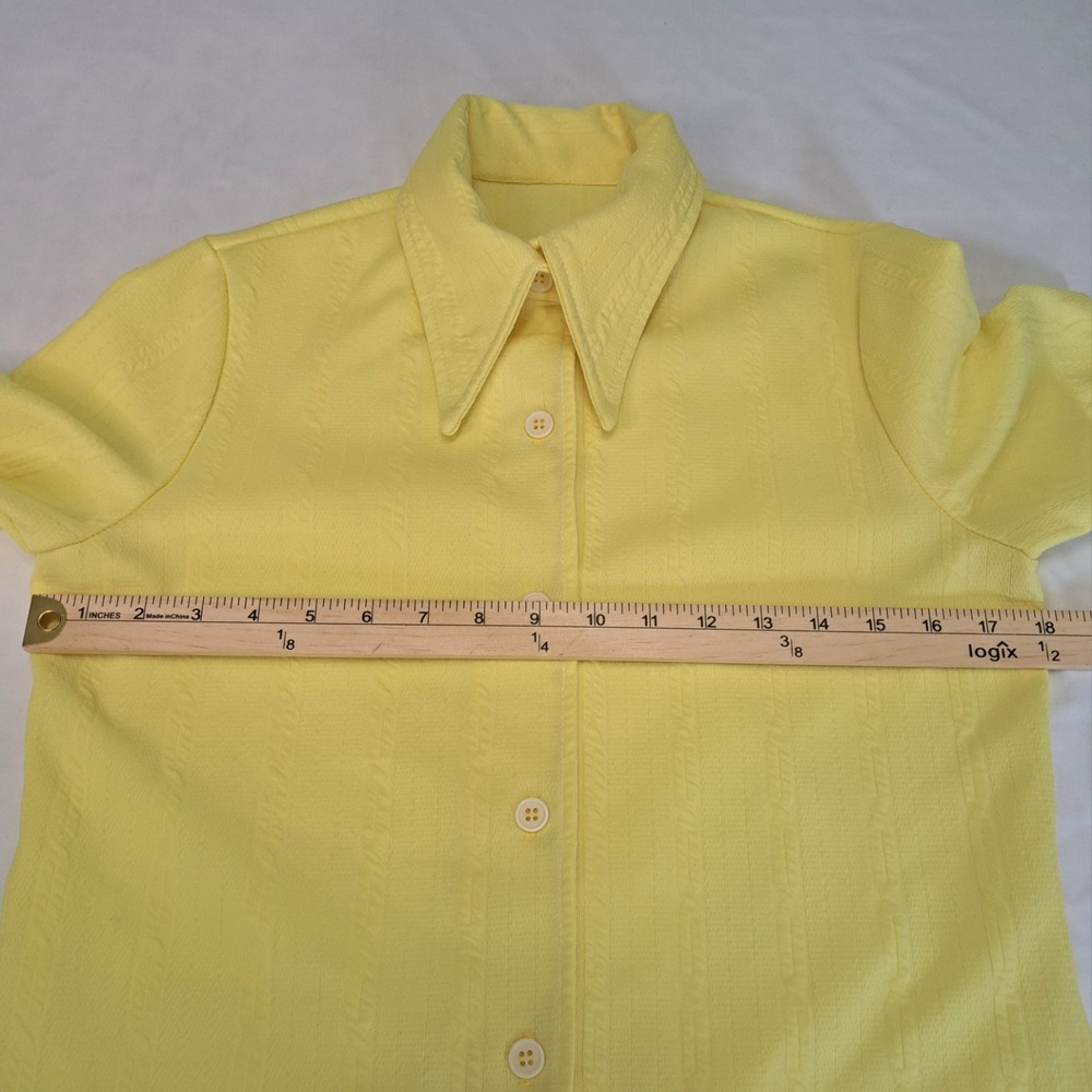 Vintage‎ 70's Yellow M Dagger Point Collar Button-Up Blouse Retro Bright Disco - Picture 2 of 5